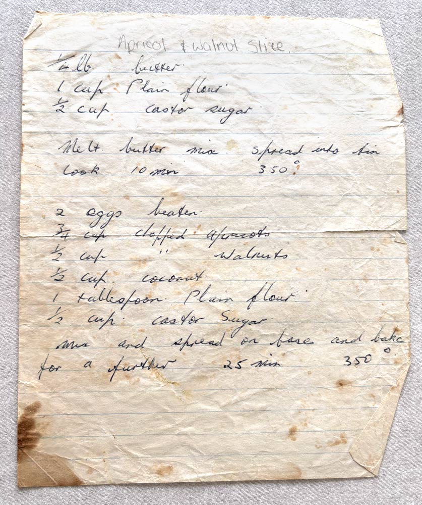 Hand written Recipe of Apricot and Walnut Slice