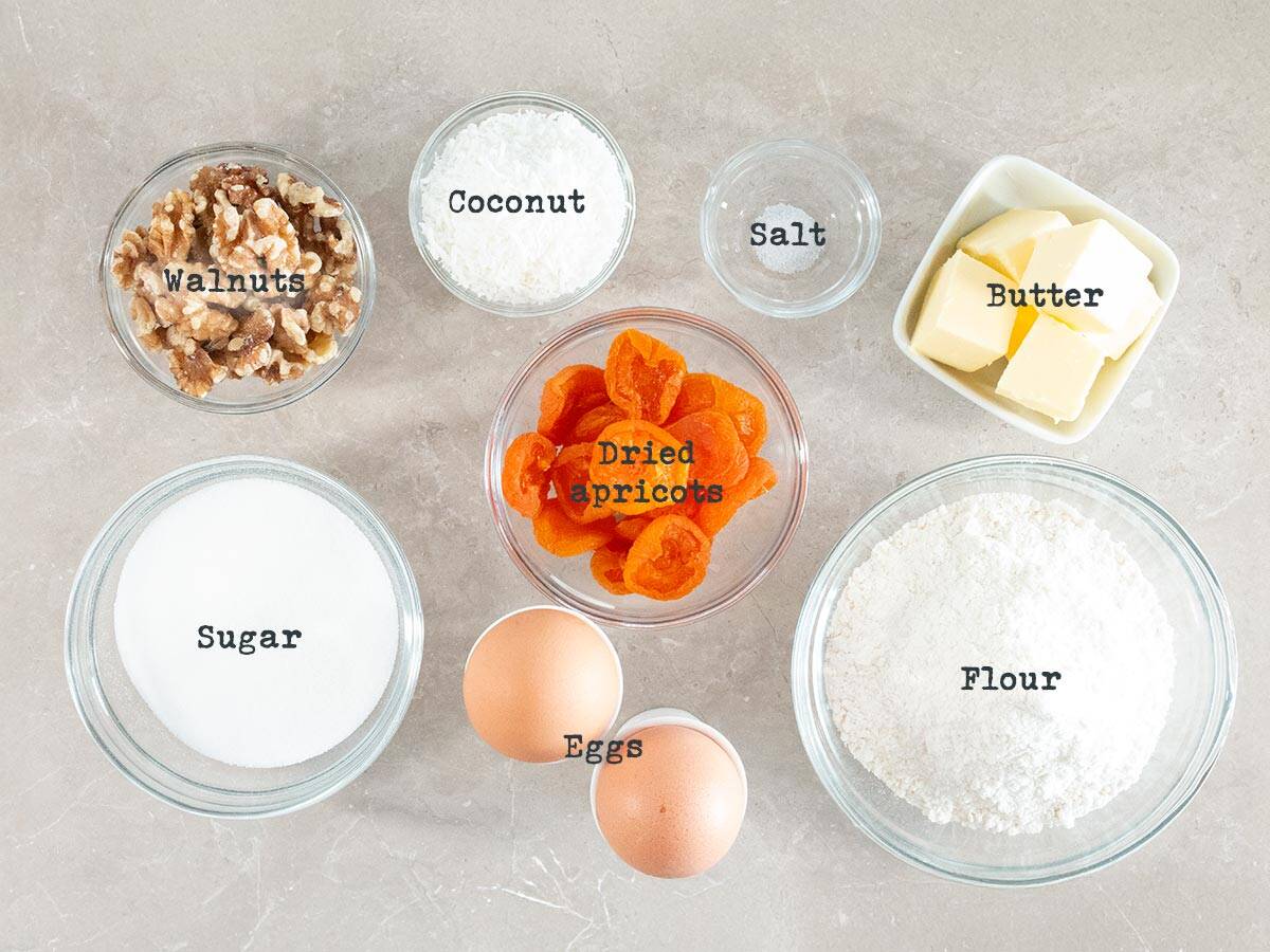 Photo of the ingredients to bake Apricot & Walnut Slices