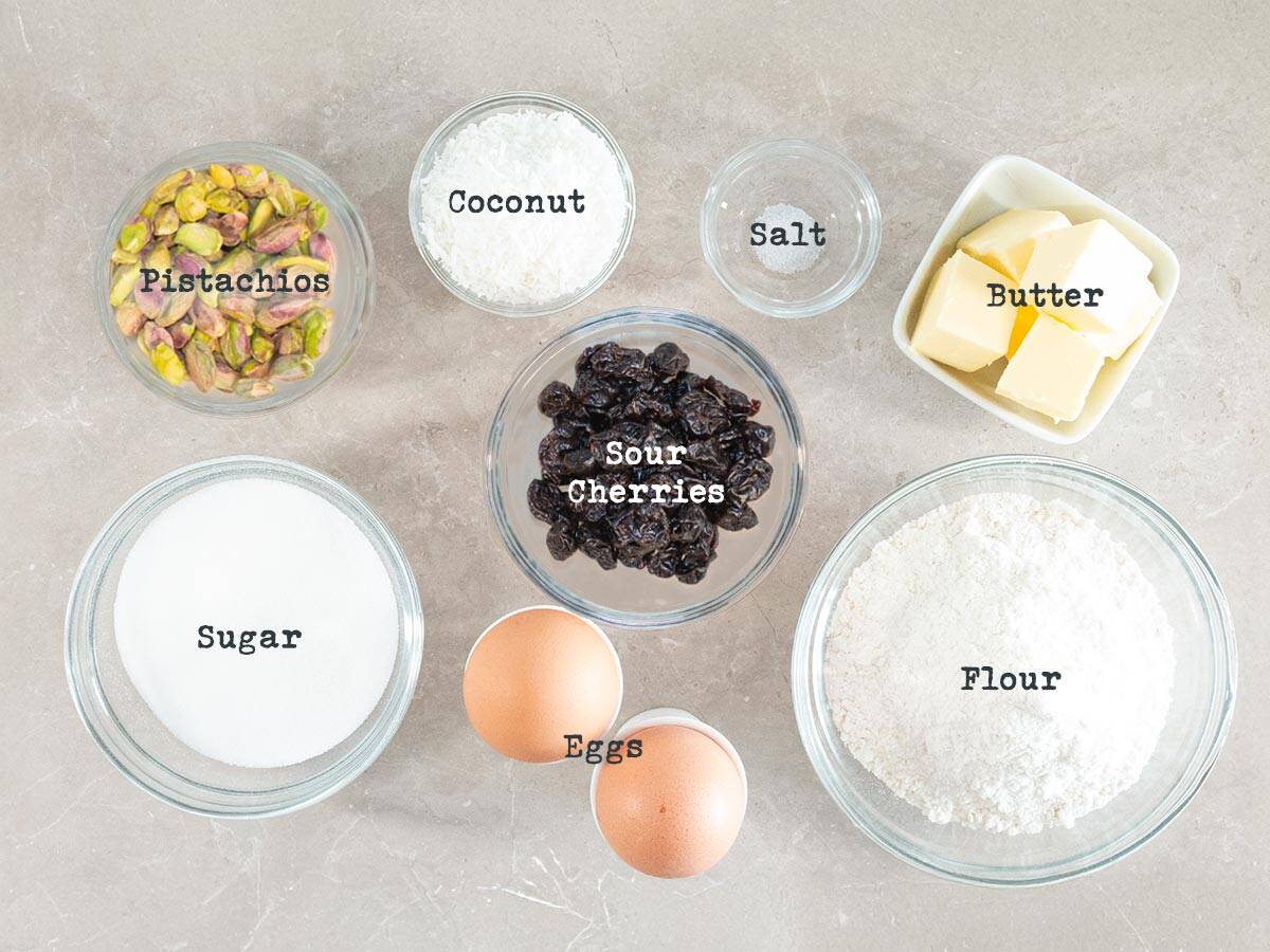 Photo of the ingredients to bake sour Cherry and Pistachio Slices