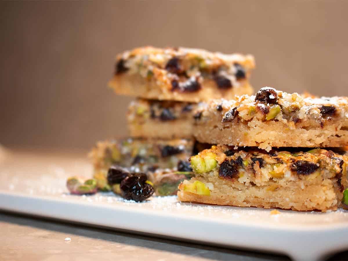 Close up of Sour Cherry and Pistachio Slices pilled up