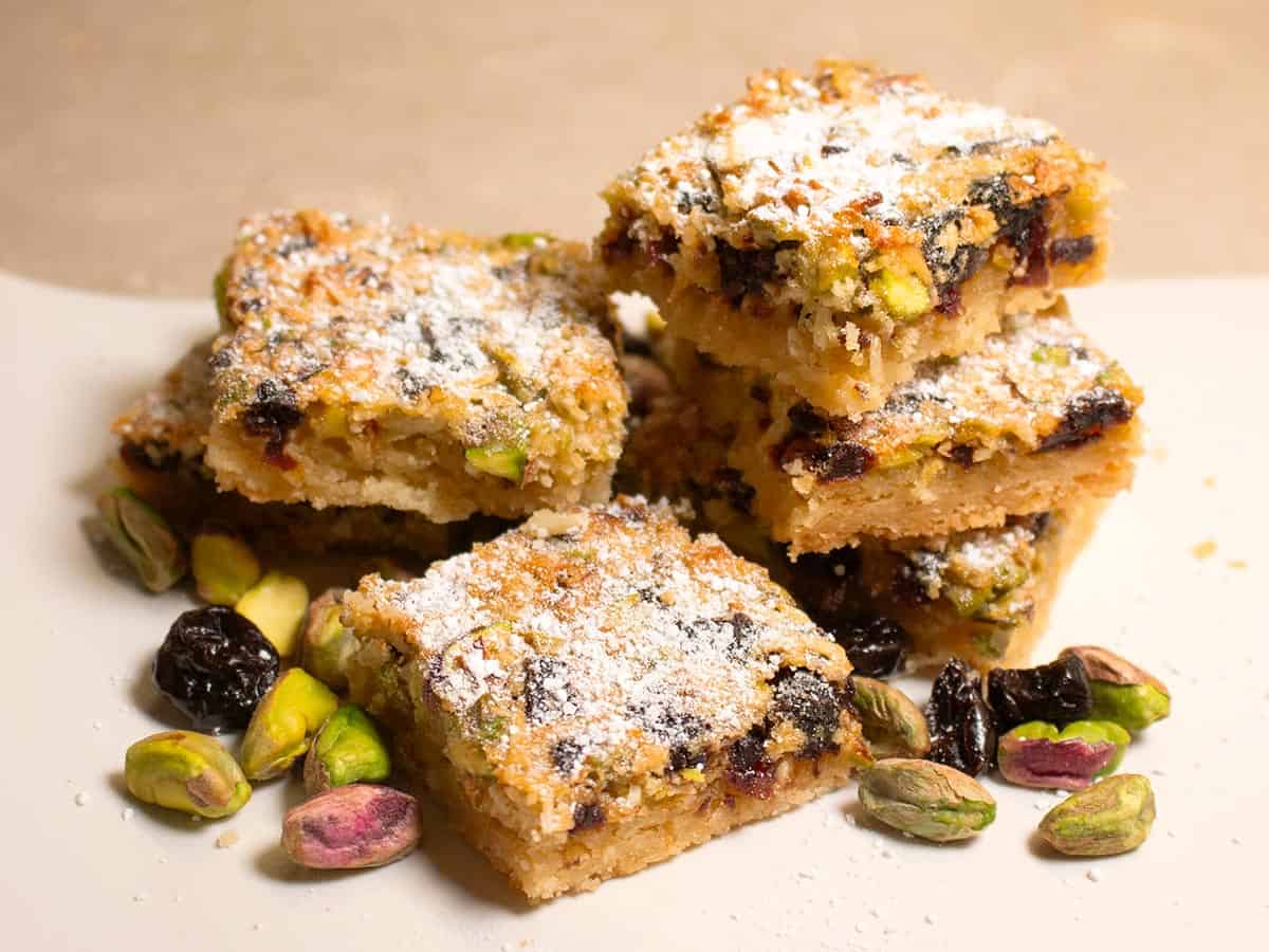 Close up of Sour Cherry and Pistachio Slices next to pistachio